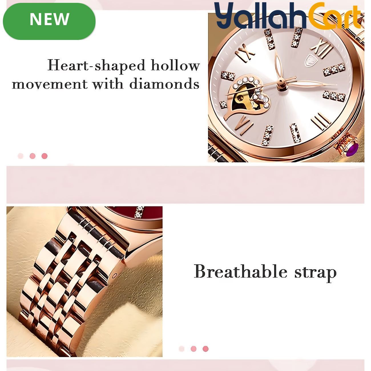 GEOMOY Women’s Rhinestone Quartz Watch – Hollow Heart Dial with Stainless Steel Strap