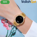 GEOMOY Women’s Digital LED Watch – Rhinestone Round Dial with Gold-Tone Stainless Steel Strap