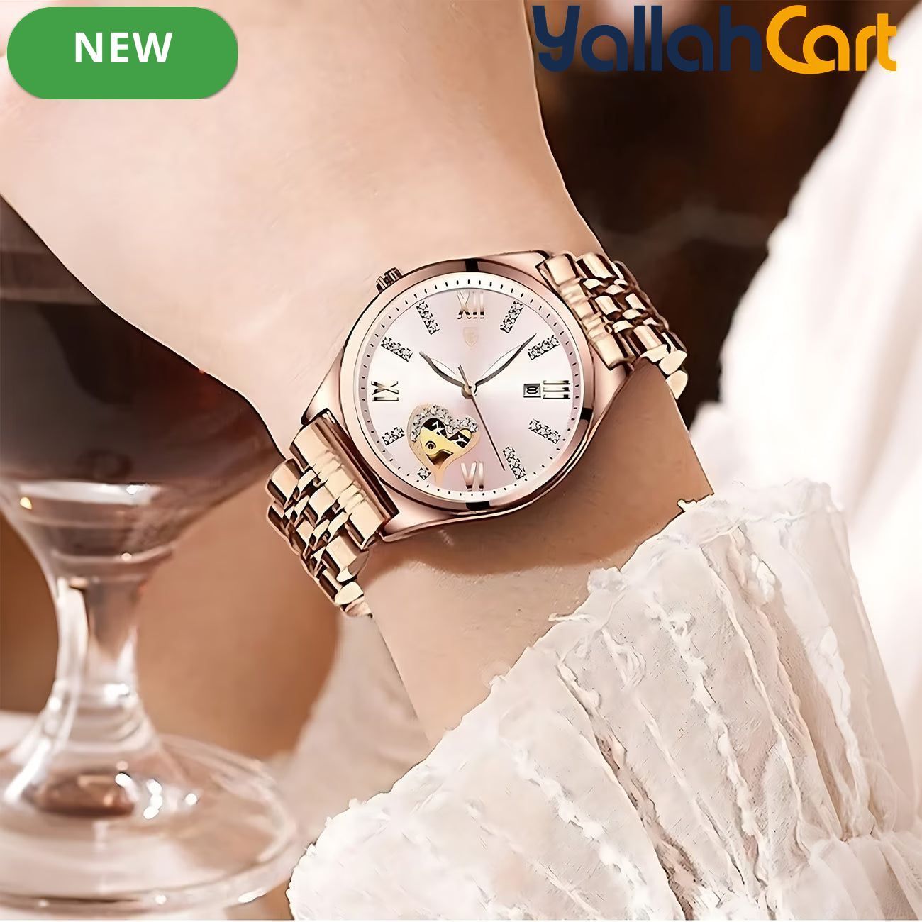 GEOMOY Women’s Rhinestone Quartz Watch – Hollow Heart Dial with Stainless Steel Strap