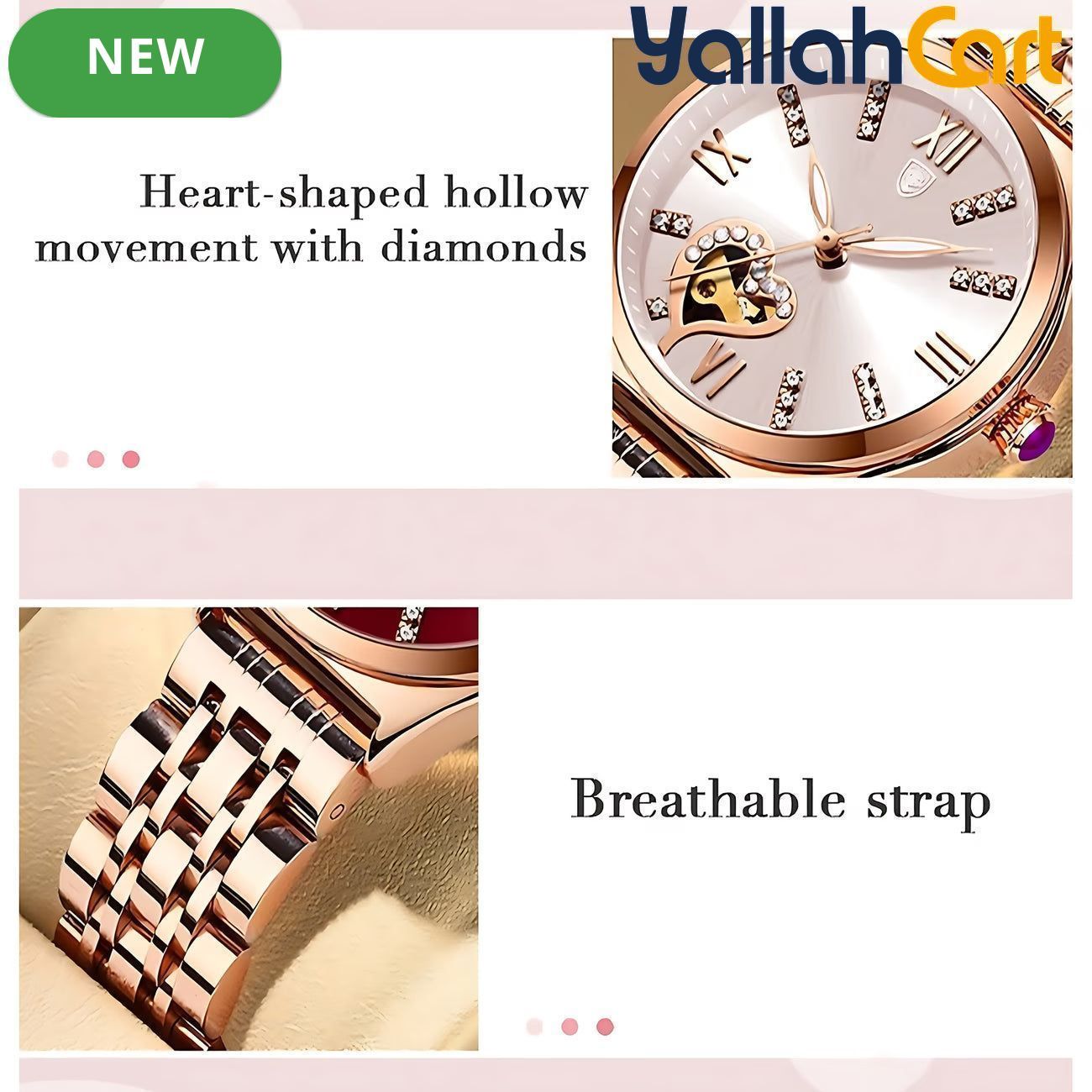 GEOMOY Women’s Rhinestone Quartz Watch – Hollow Heart Dial with Stainless Steel Strap