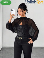 Plus Size Women’s Black Sequin Camisole Top with Mesh Shawl – Elegant Party Blouse