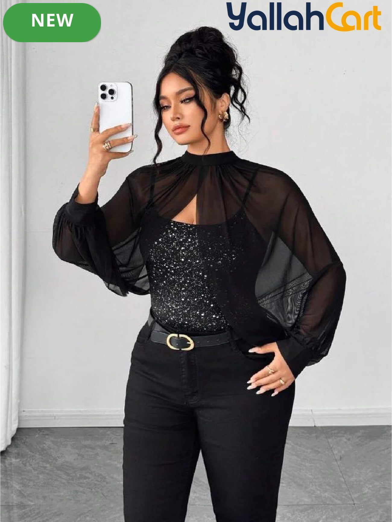 Plus Size Women’s Black Sequin Camisole Top with Mesh Shawl – Elegant Party Blouse