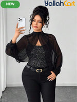 Plus Size Women’s Black Sequin Camisole Top with Mesh Shawl – Elegant Party Blouse