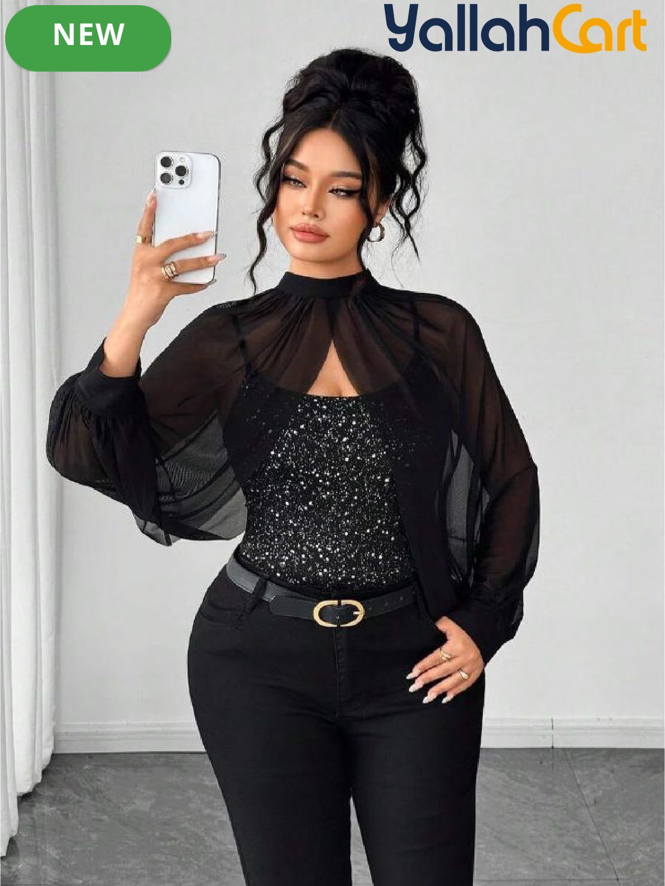 Plus Size Women’s Black Sequin Camisole Top with Mesh Shawl – Elegant Party Blouse