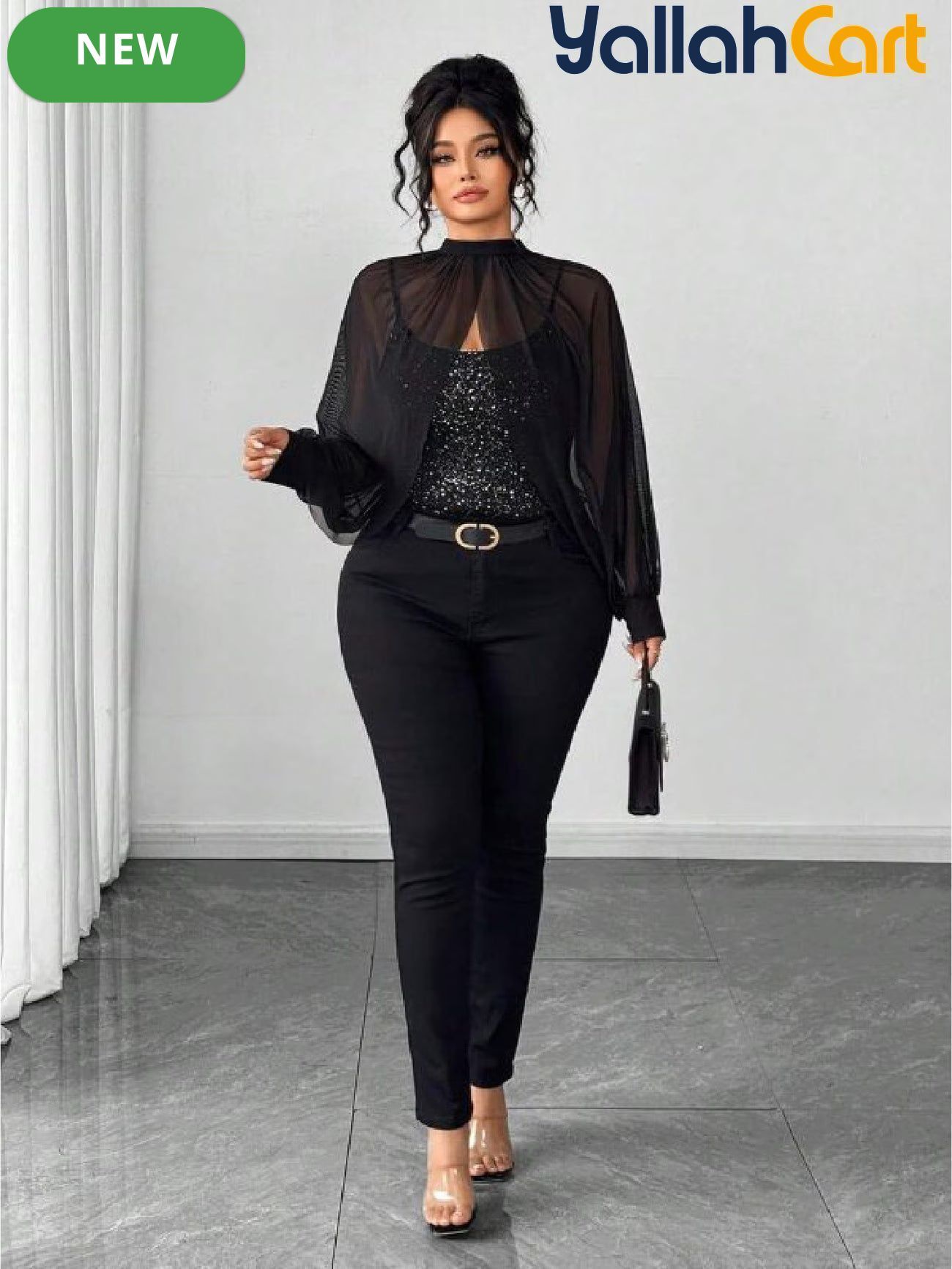 Plus Size Women’s Black Sequin Camisole Top with Mesh Shawl – Elegant Party Blouse