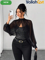 Plus Size Women’s Black Sequin Camisole Top with Mesh Shawl – Elegant Party Blouse