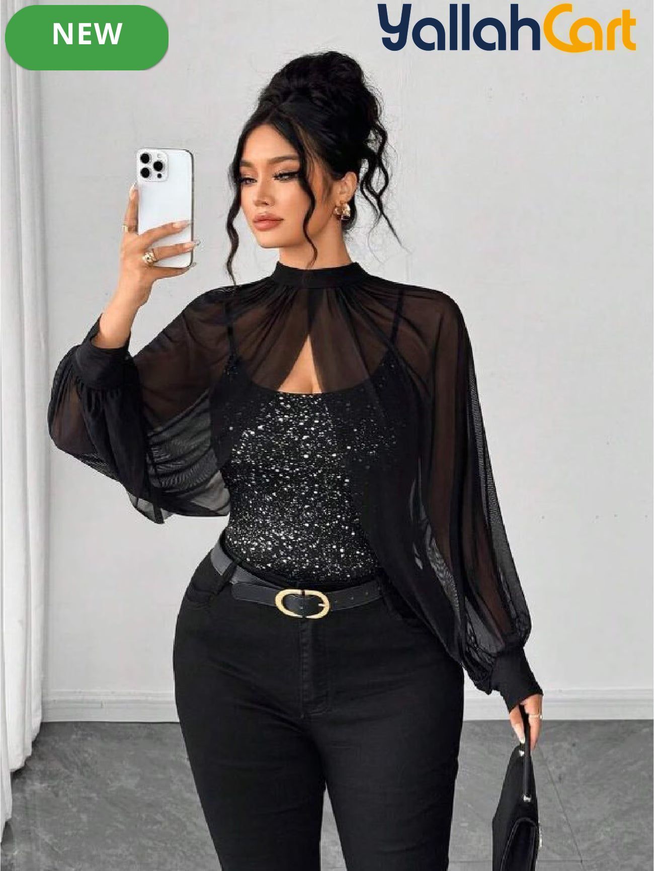 Plus Size Women’s Black Sequin Camisole Top with Mesh Shawl – Elegant Party Blouse