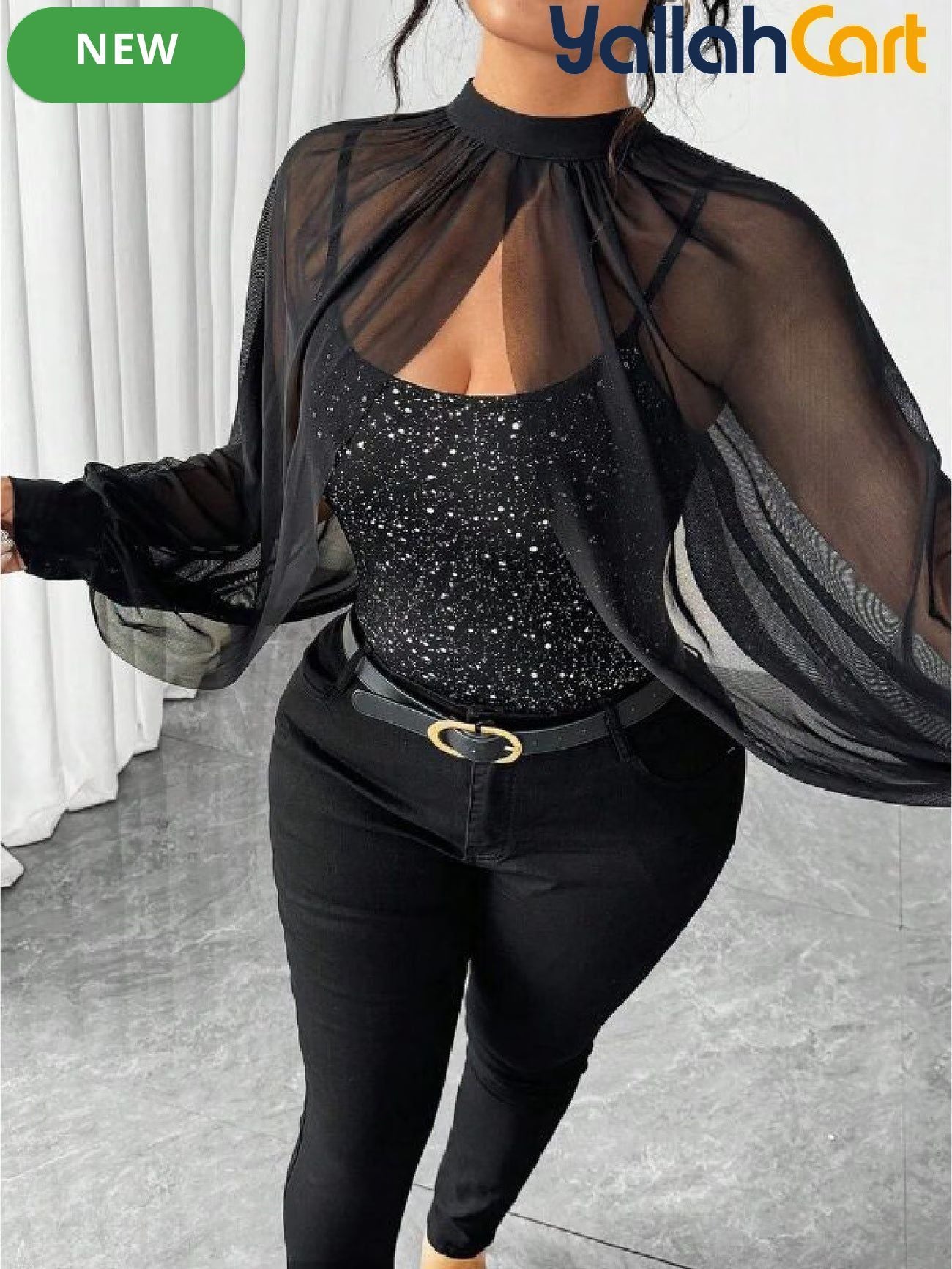 Plus Size Women’s Black Sequin Camisole Top with Mesh Shawl – Elegant Party Blouse