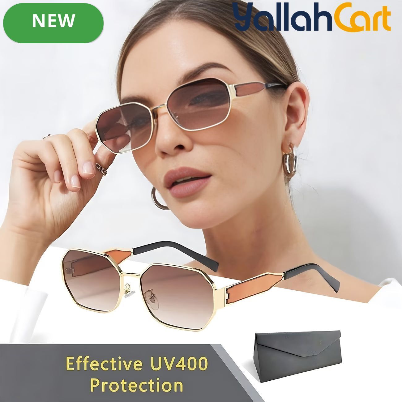 GEOMOY Women’s Hexagon Fashion Glasses – Golden Metal Frame with Gradient Brown Lenses