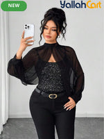 Plus Size Women’s Black Sequin Camisole Top with Mesh Shawl – Elegant Party Blouse