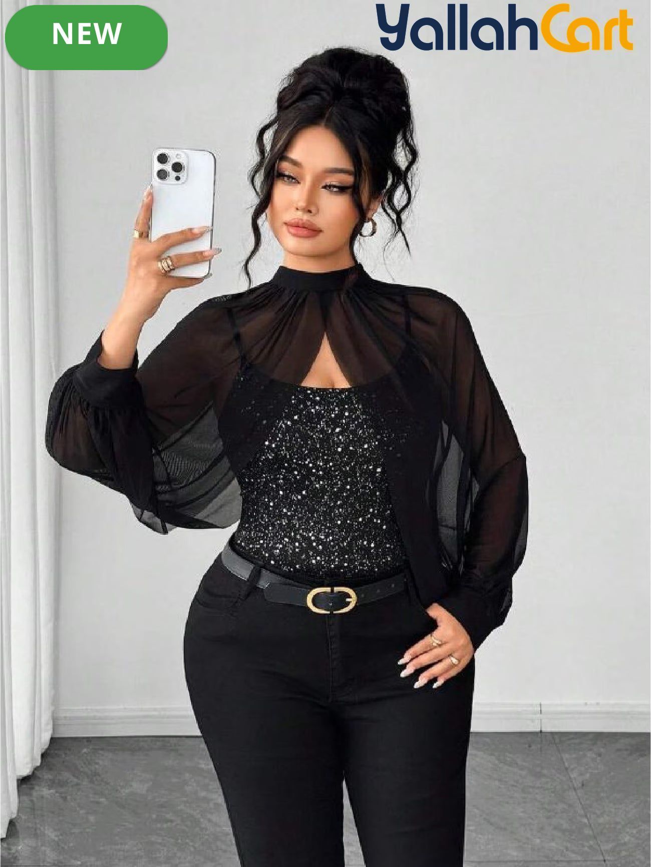 Plus Size Women’s Black Sequin Camisole Top with Mesh Shawl – Elegant Party Blouse