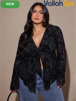 Plus Size Women’s Vintage Botanical Print Sheer Top with Tie Front & Flared Sleeves