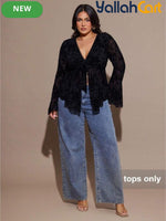 Plus Size Women’s Vintage Botanical Print Sheer Top with Tie Front & Flared Sleeves