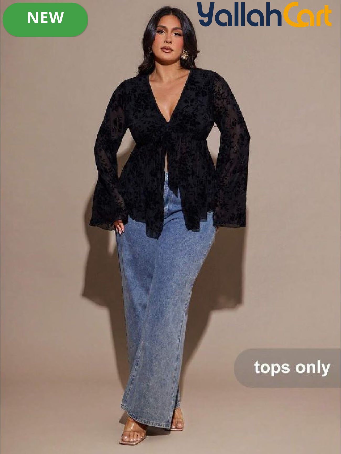 Plus Size Women’s Vintage Botanical Print Sheer Top with Tie Front & Flared Sleeves