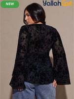 Plus Size Women’s Vintage Botanical Print Sheer Top with Tie Front & Flared Sleeves