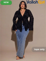Plus Size Women’s Vintage Botanical Print Sheer Top with Tie Front & Flared Sleeves