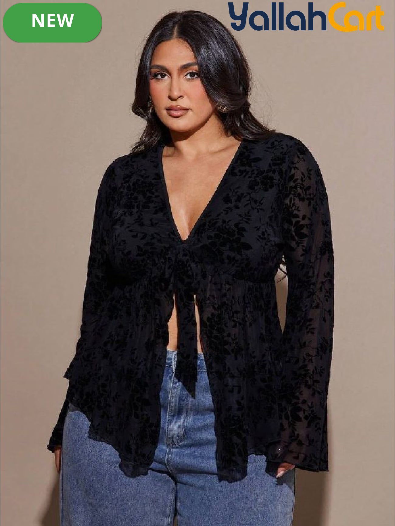 Plus Size Women’s Vintage Botanical Print Sheer Top with Tie Front & Flared Sleeves