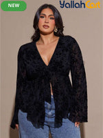 Plus Size Women’s Vintage Botanical Print Sheer Top with Tie Front & Flared Sleeves