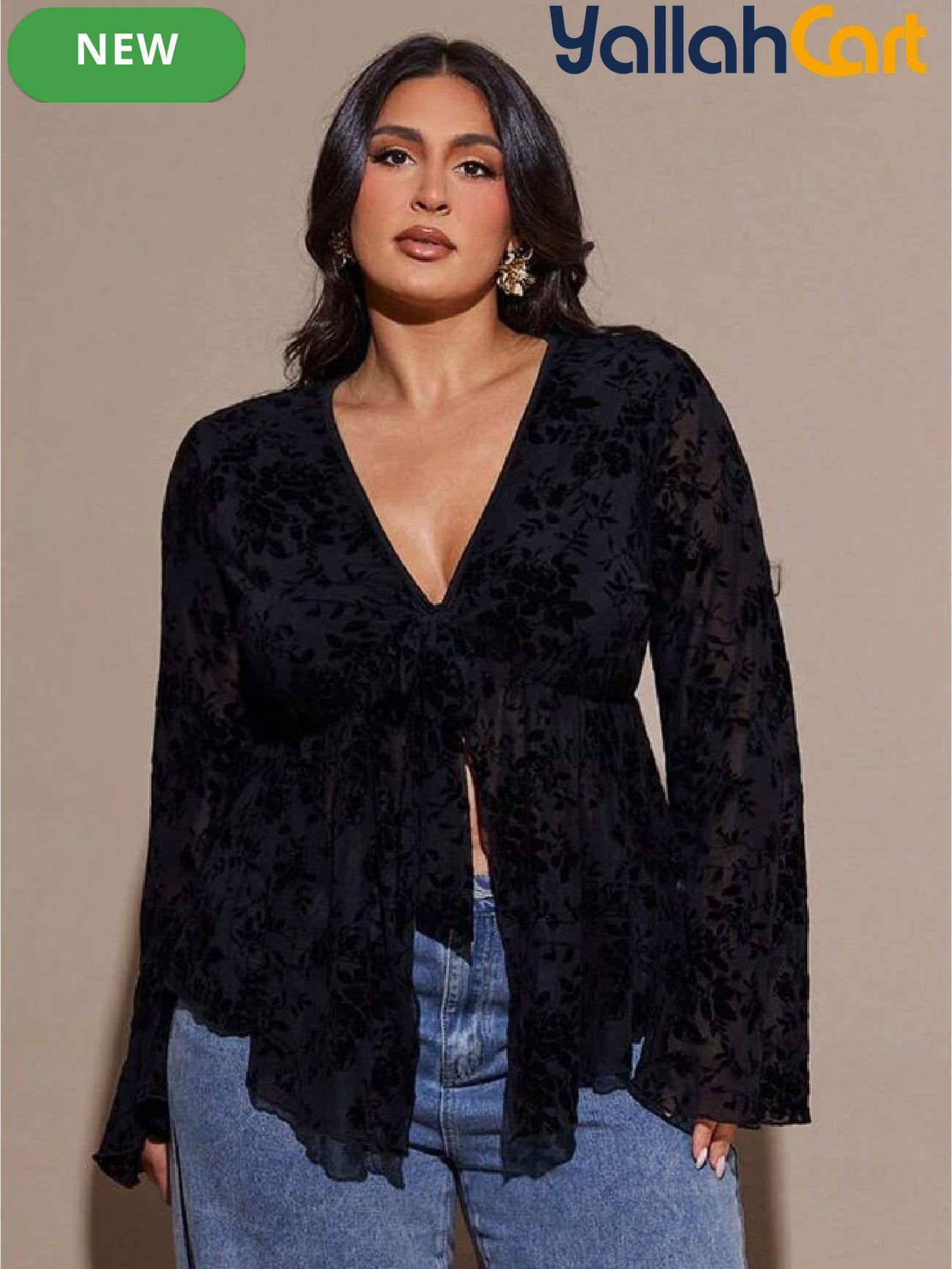 Plus Size Women’s Vintage Botanical Print Sheer Top with Tie Front & Flared Sleeves