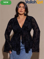 Plus Size Women’s Vintage Botanical Print Sheer Top with Tie Front & Flared Sleeves