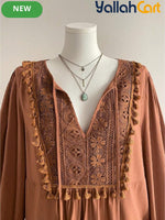 Plus Size Women’s Bohemian Lace Top with Patchwork & Tassel Details