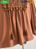 Plus Size Women’s Bohemian Lace Top with Patchwork & Tassel Details