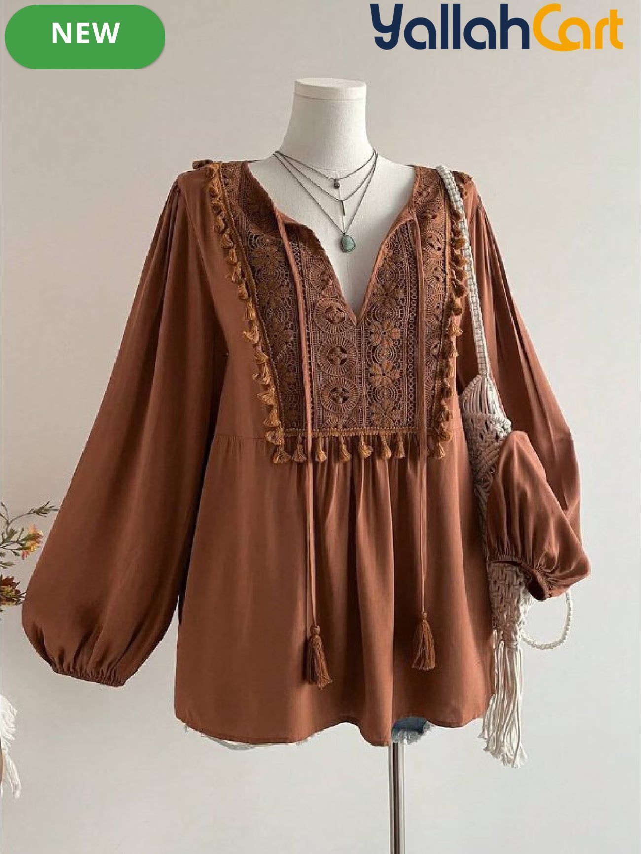 Plus Size Women’s Bohemian Lace Top with Patchwork & Tassel Details