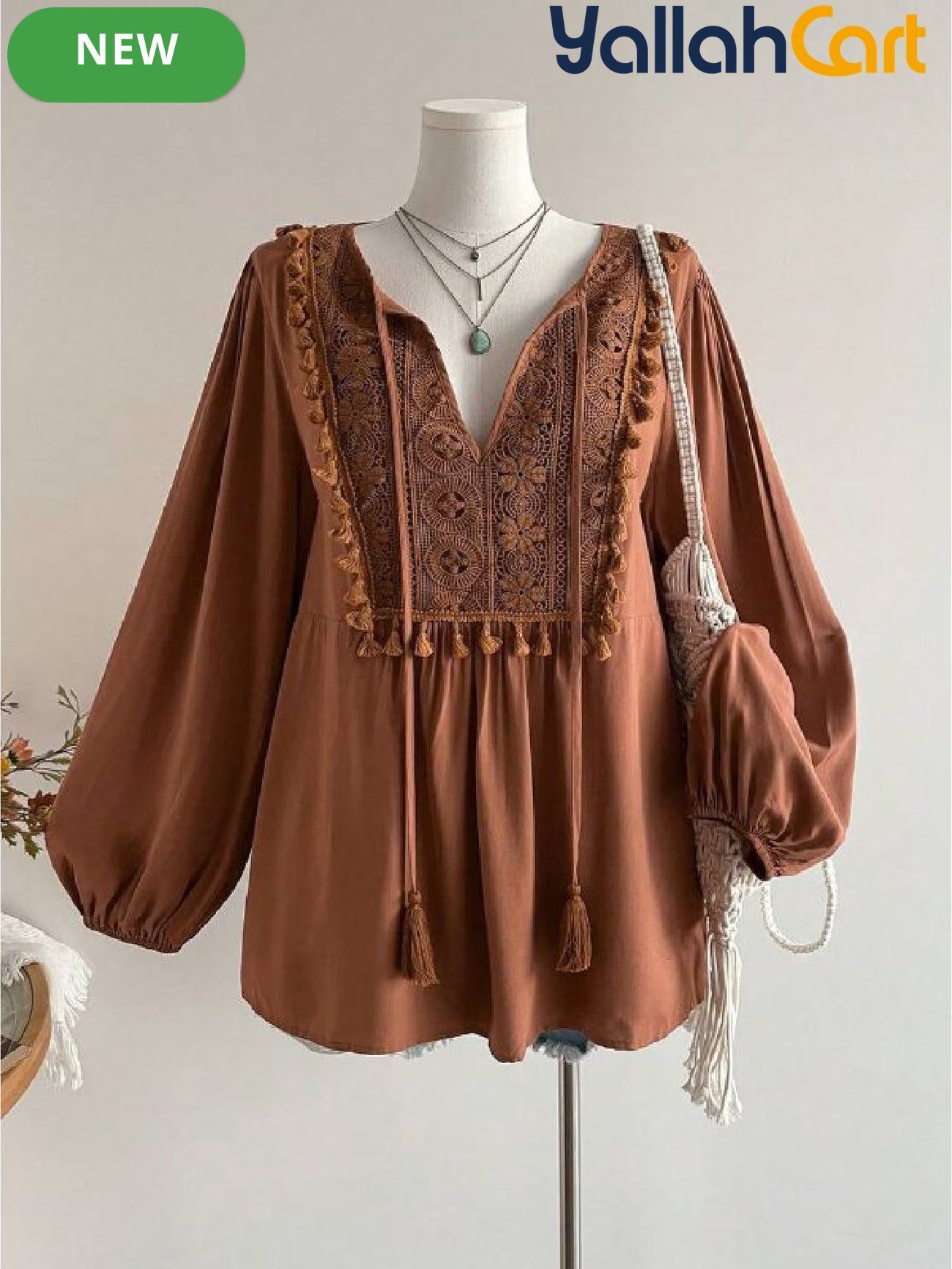 Plus Size Women’s Bohemian Lace Top with Patchwork & Tassel Details