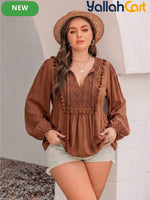 Plus Size Women’s Bohemian Lace Top with Patchwork & Tassel Details