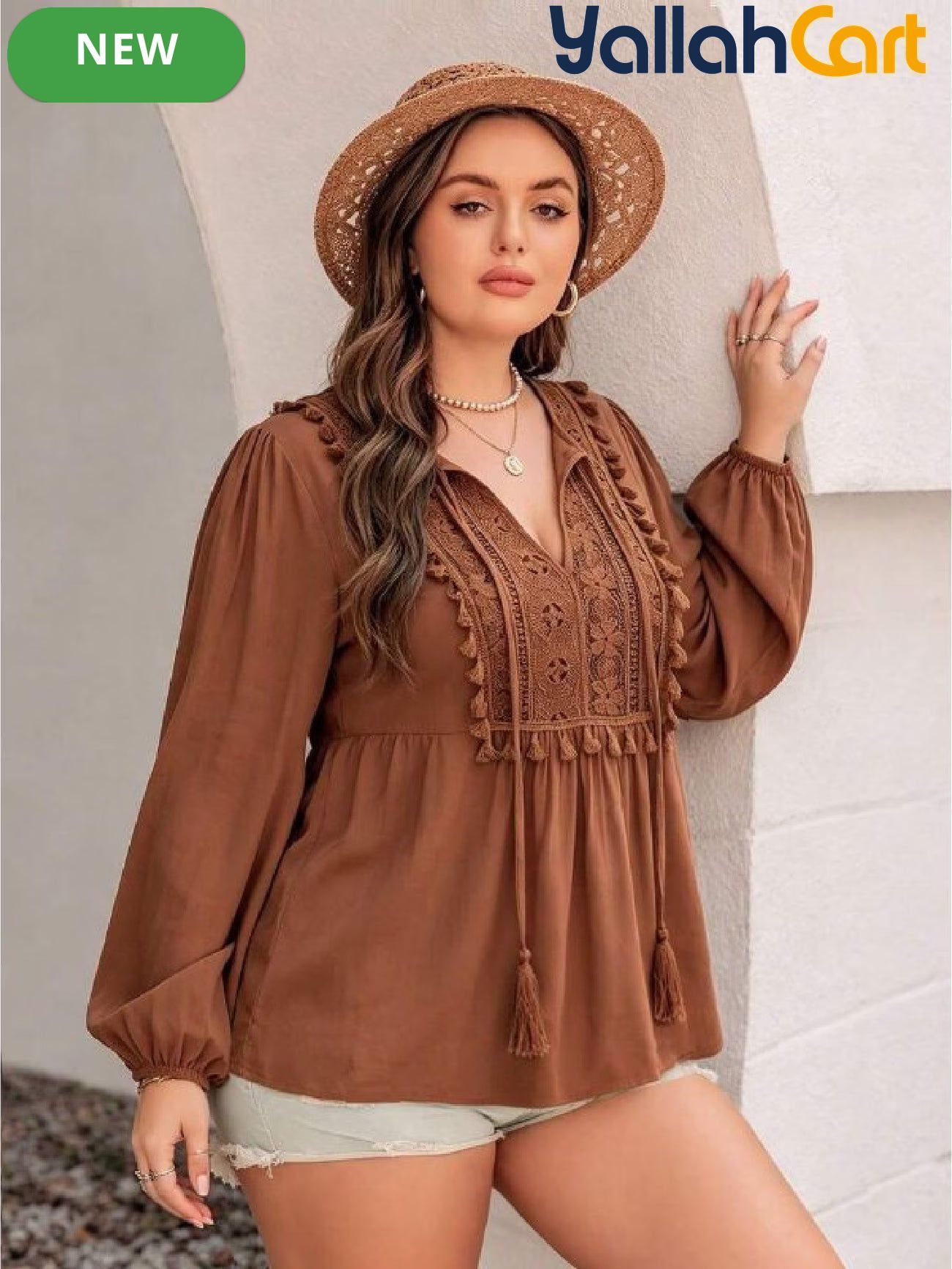Plus Size Women’s Bohemian Lace Top with Patchwork & Tassel Details