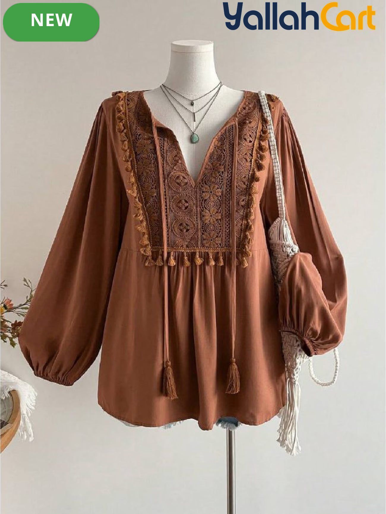 Plus Size Women’s Bohemian Lace Top with Patchwork & Tassel Details