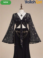 Plus Size Women’s Gothic Off-Shoulder Crop Top with Bell Sleeves & Lace Trim