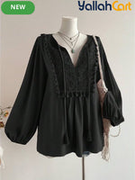 Women’s Plus Size Bohemian Lace Patchwork Top with Tassel Trim