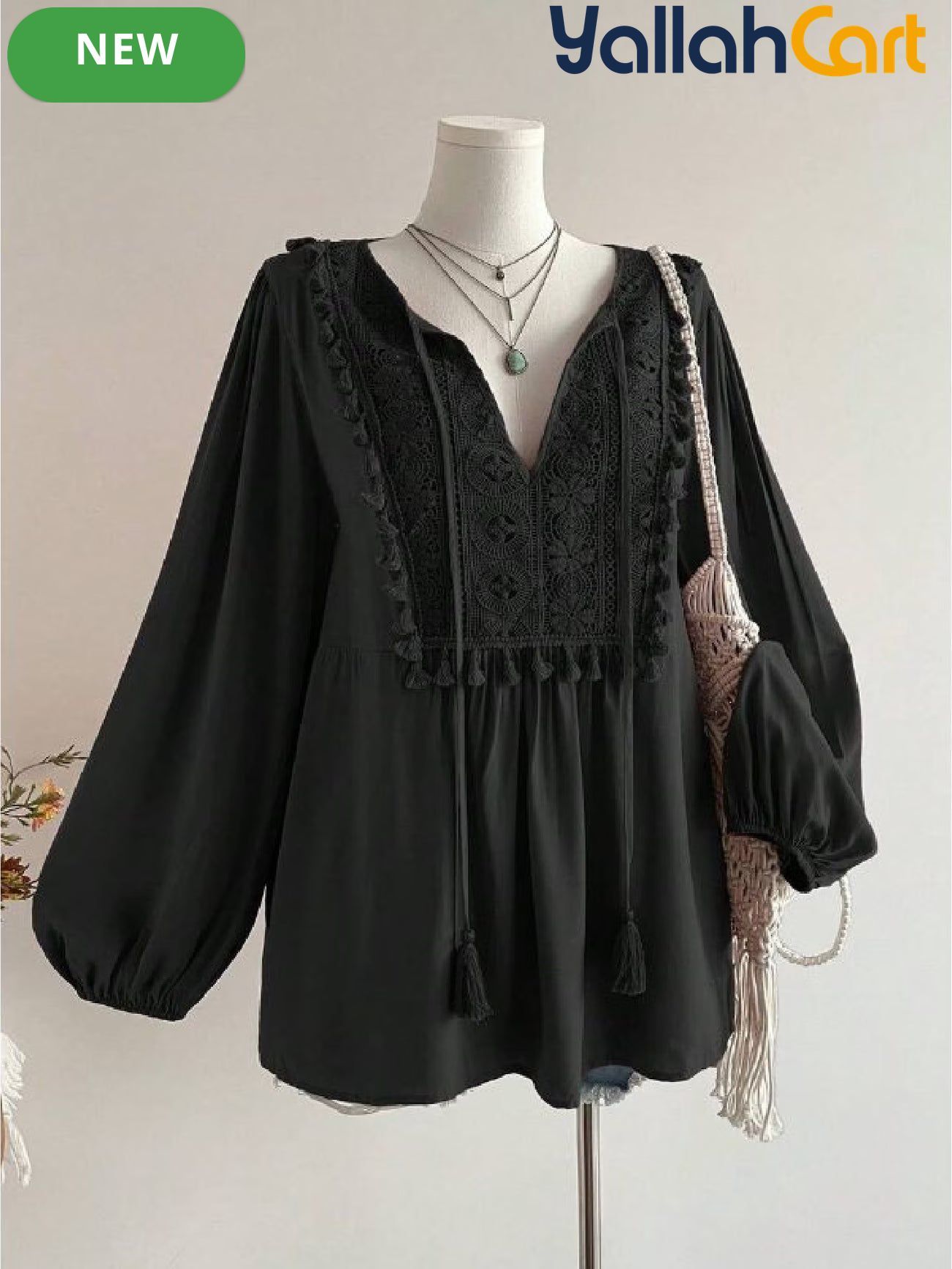 Women’s Plus Size Bohemian Lace Patchwork Top with Tassel Trim