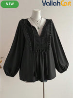 Women’s Plus Size Bohemian Lace Patchwork Top with Tassel Trim