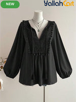 Women’s Plus Size Bohemian Lace Patchwork Top with Tassel Trim