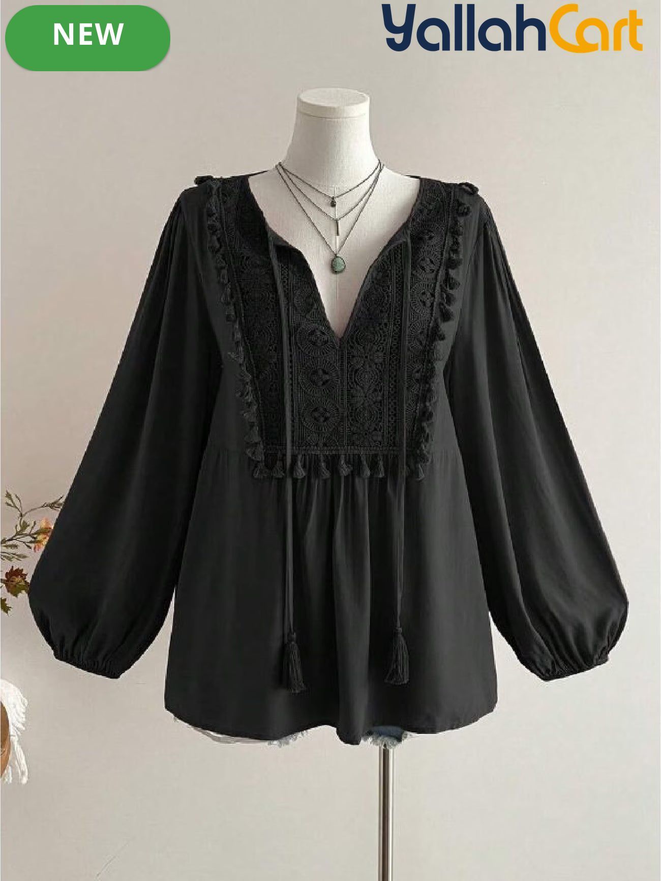 Women’s Plus Size Bohemian Lace Patchwork Top with Tassel Trim