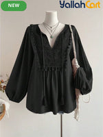 Women’s Plus Size Bohemian Lace Patchwork Top with Tassel Trim