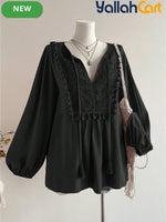 Women’s Plus Size Bohemian Lace Patchwork Top with Tassel Trim