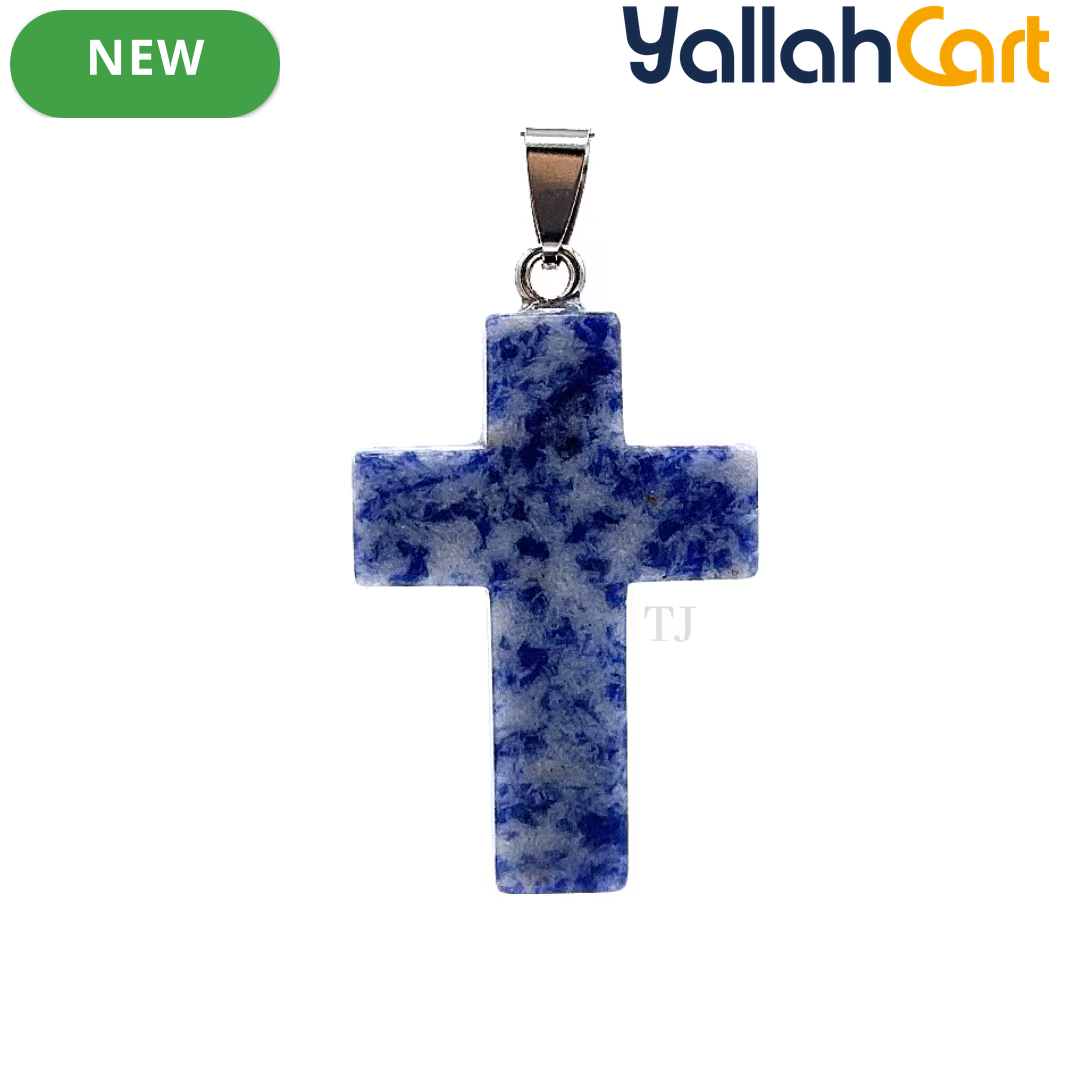 Natural Blue Sodalite Cross Pendant Necklace – Genuine Gemstone Religious Jewelry for Men & Women