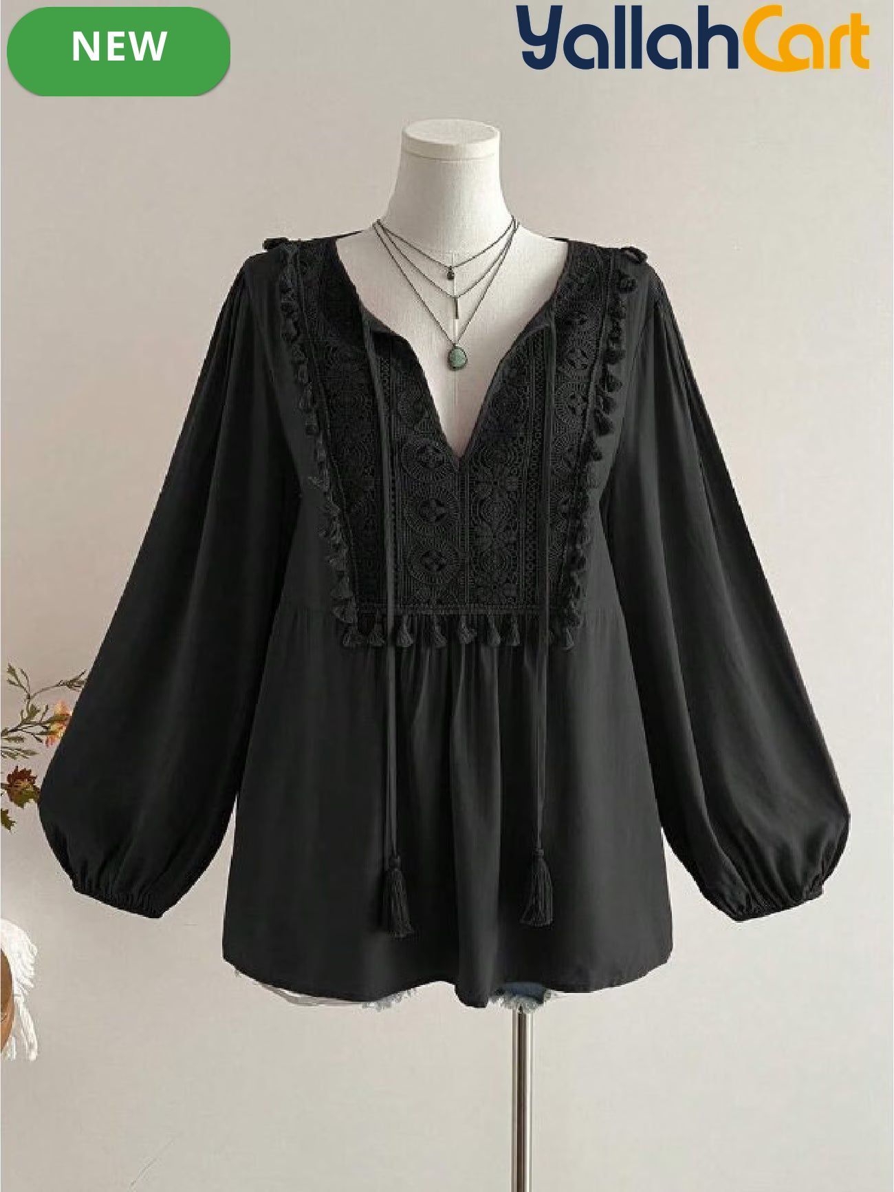 Women’s Plus Size Bohemian Lace Patchwork Top with Tassel Trim