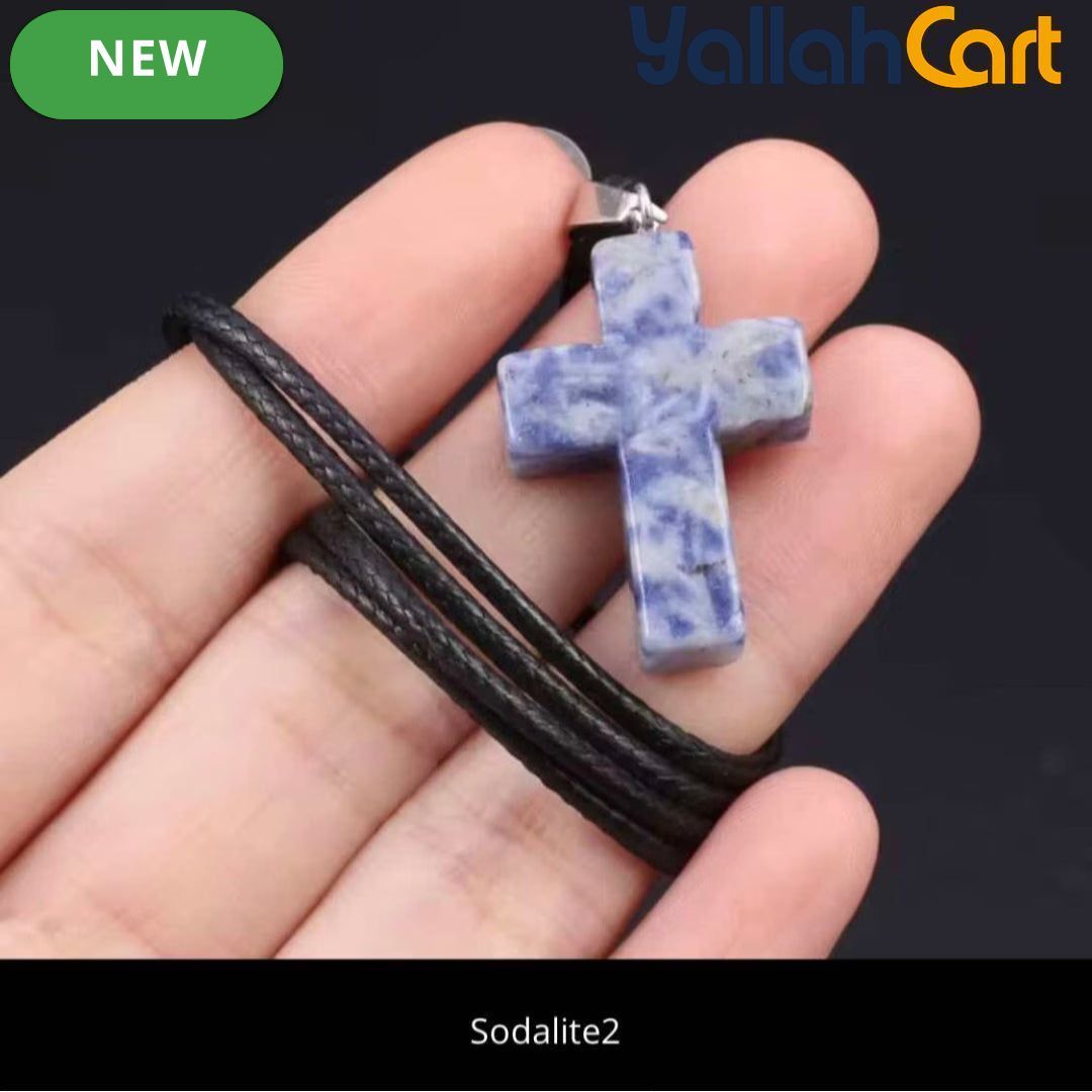 Natural Blue Sodalite Cross Pendant Necklace – Genuine Gemstone Religious Jewelry for Men & Women