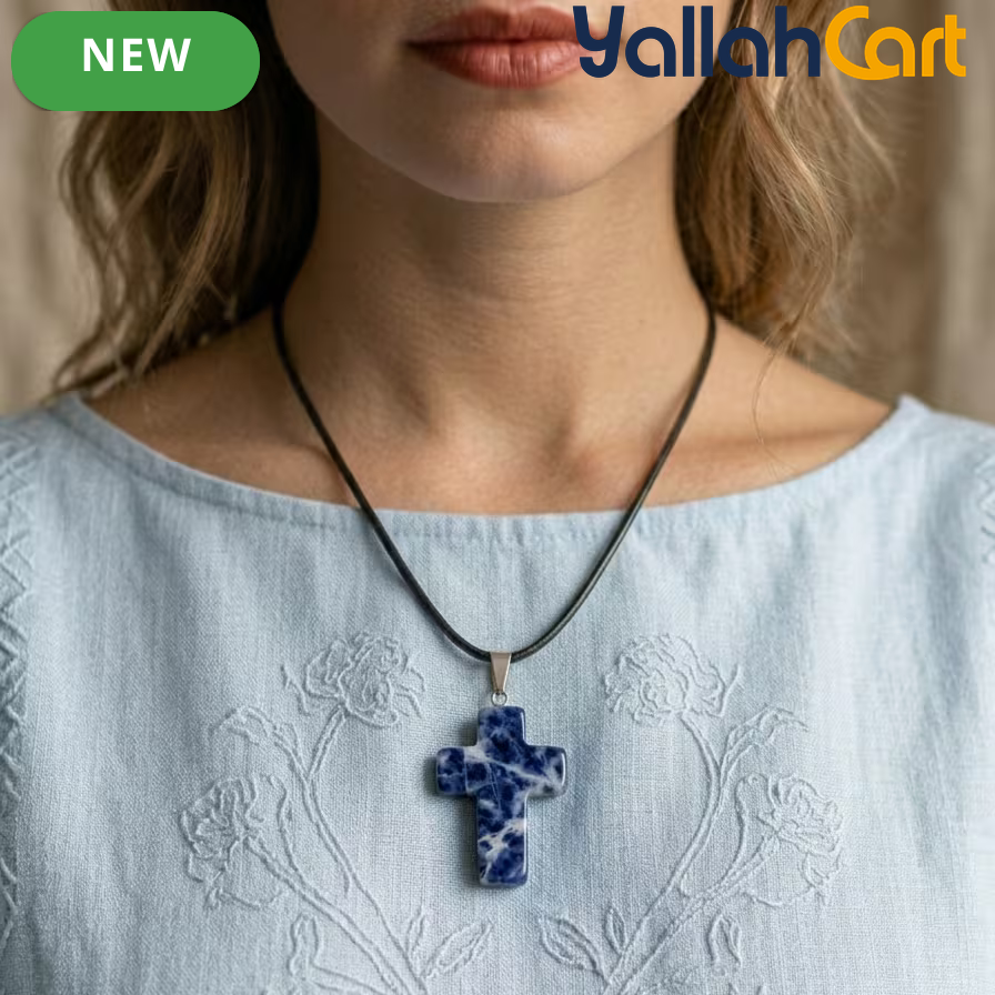 Natural Blue Sodalite Cross Pendant Necklace – Genuine Gemstone Religious Jewelry for Men & Women