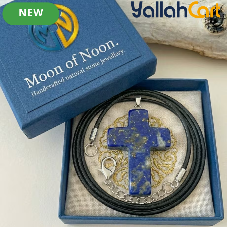 Lapis Lazuli Cross Pendant Necklace – Blue Gemstone Cross with Black Cord for Men & Women