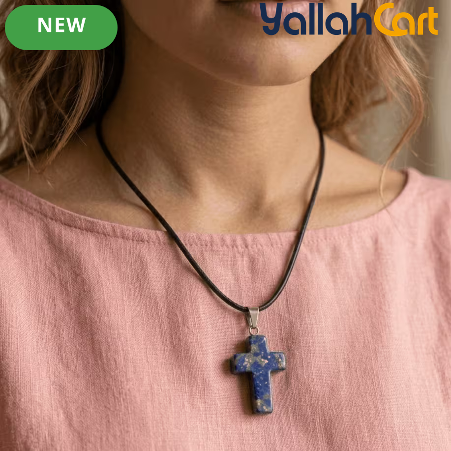 Lapis Lazuli Cross Pendant Necklace – Blue Gemstone Cross with Black Cord for Men & Women