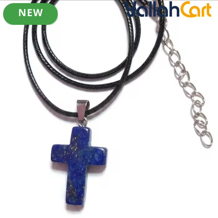 Lapis Lazuli Cross Pendant Necklace – Blue Gemstone Cross with Black Cord for Men & Women