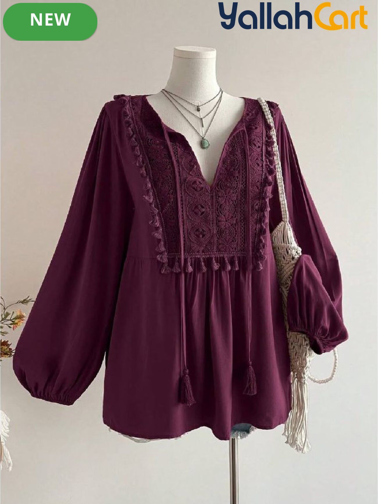 Plus Size Women’s Bohemian Lace Patchwork Fringe Top – Dark Purple Long Sleeve