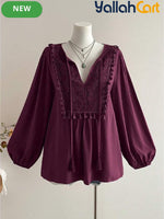 Plus Size Women’s Bohemian Lace Patchwork Fringe Top – Dark Purple Long Sleeve