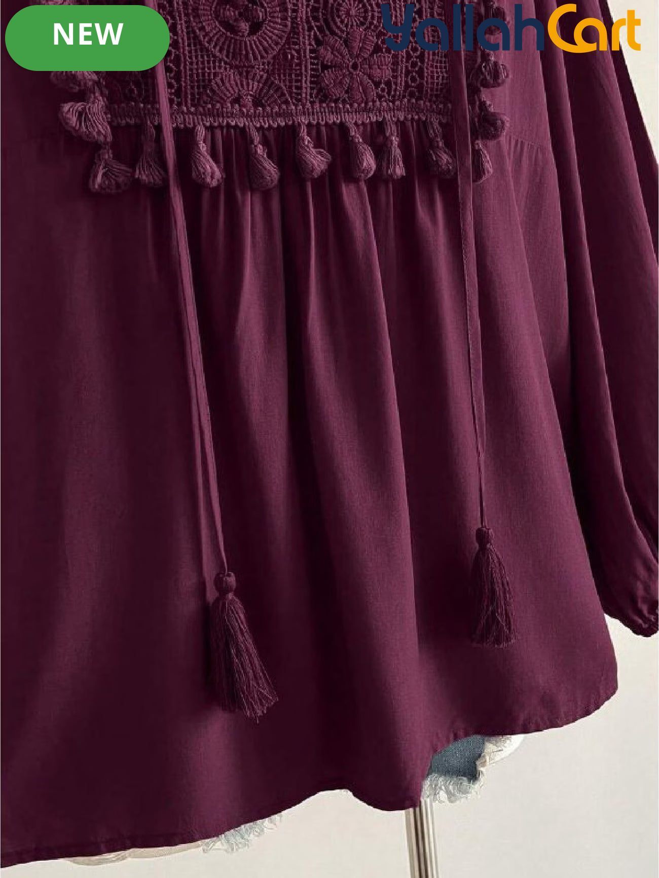 Plus Size Women’s Bohemian Lace Patchwork Fringe Top – Dark Purple Long Sleeve