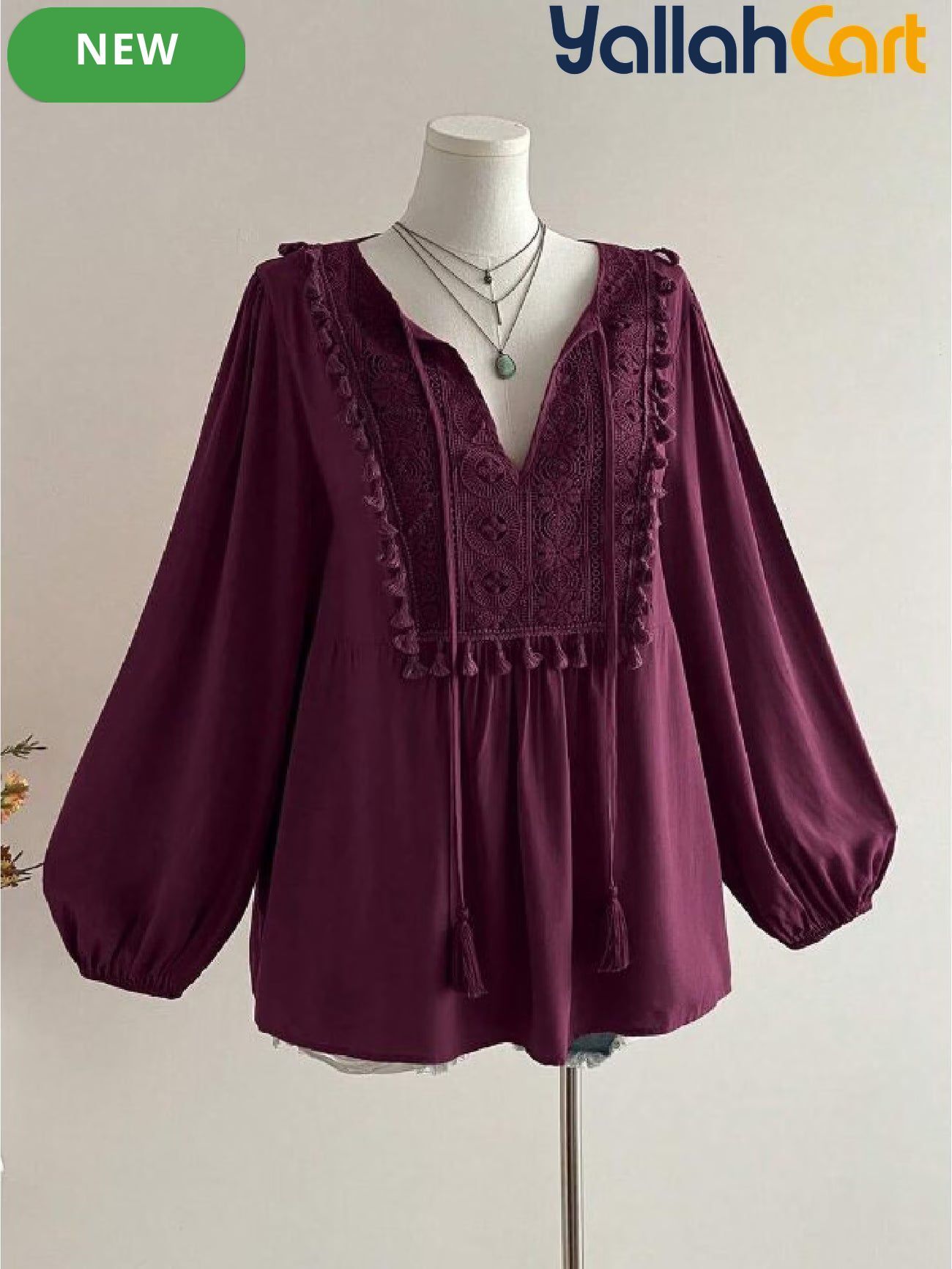 Plus Size Women’s Bohemian Lace Patchwork Fringe Top – Dark Purple Long Sleeve